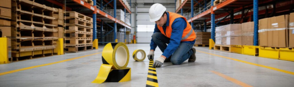 Floor marking tape used for workplace safety and hazard zone identification